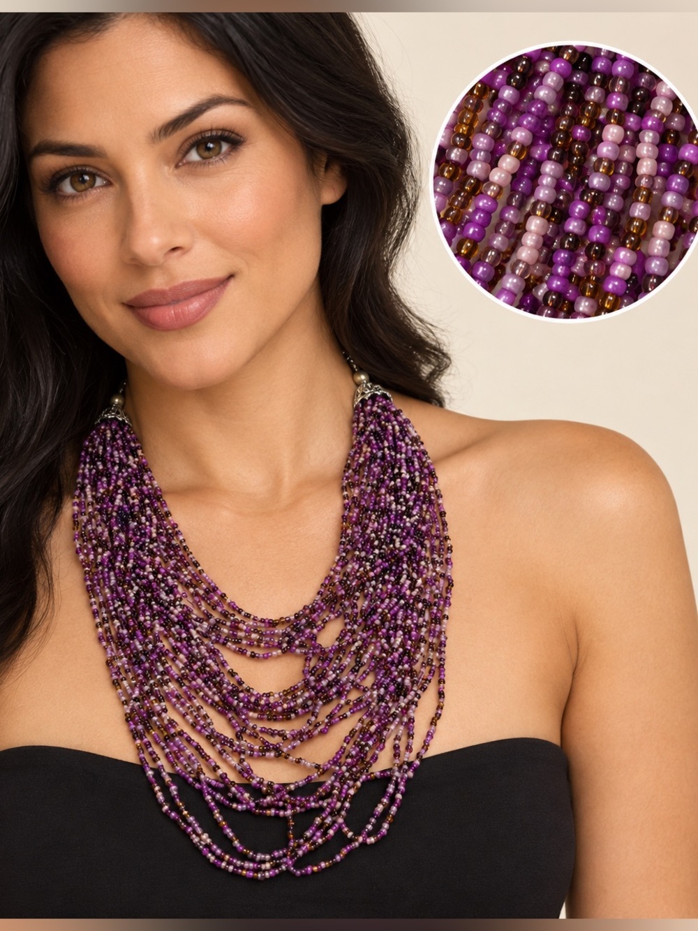 Purple Multi Strand Seed Bead Bib Necklace Layered Boho Statement Jewelry 13.5”